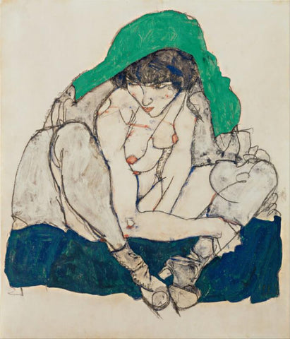 Egon Schiele - Kauernde Frau mit grünem Halstuch (Crouching Woman With Green Kerchief) by Egon Schiele