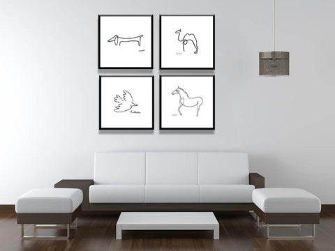 Set of 4 Pablo Picasso Line Drawings - Dove, Horse, Camel and Dachshund - Framed Digital Print (12x12 inches) by Pablo Picasso