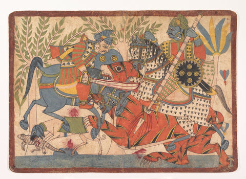 Indian Miniature Art - Mysore Painting - Harishchandra And His Minister Killing A Tiger - Life Size Posters by Kritanta Vala