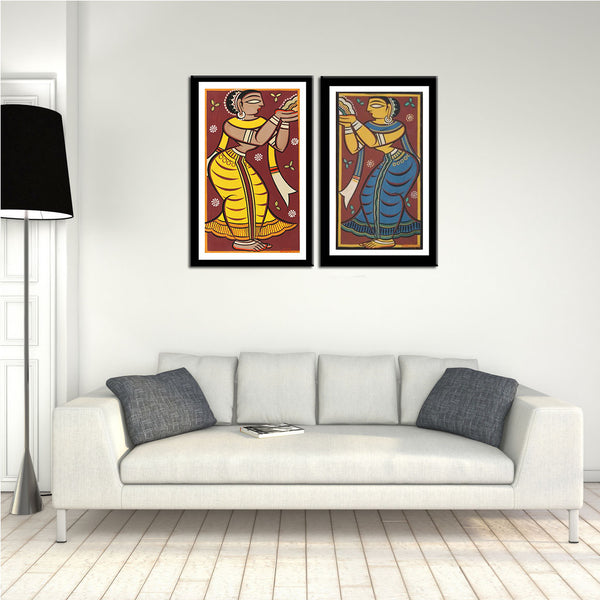Set of 2 Jamini Roy Paintings - Framed Digital Art Print With Matte And Glass - Small (10 x 18) inches each