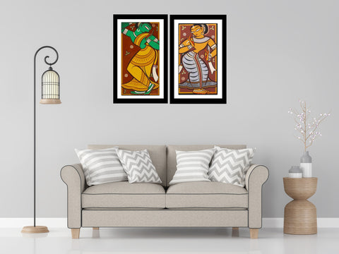 Set of 2 Jamini Roy Paintings - Framed Digital Art Print With Matte And Glass - Small (10 x 18) inches each