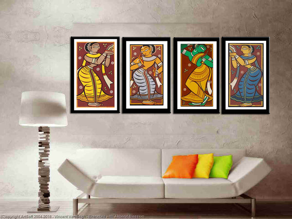 Set of 4 Jamini Roy Paintings - Framed Art Print - Small (11 x 18) inches each