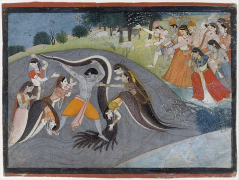 Indian Miniature Art - Lord Krishna Punishing snake Kaliya - Life Size Posters by Kritanta Vala
