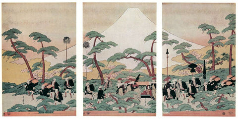 Daimyô’s Procession Passing Mount Fuji (Triptych) - Kitagawa Utamaro - Japanese Edo period Ukiyo-e Woodblock Print Art Painting - Large Art Prints