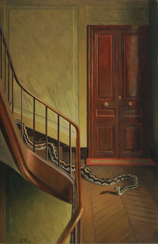 Danger On The Stairs - Pierre Roy  - Surrealist Art Paintings - Canvas Prints by Pierre Roy