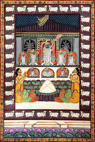 Darshan Of Shrinathji  - Indian Krishna Pichwai Art Painting - Framed Prints