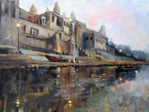 Dawn In Benaras (The Holy City of Varanasi) Painting - Framed Prints by Shriyay