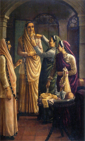 Decking the Bride - Parsi Gara Saris - Raja Ravi Varma Oleograph Print - Indian Masters Painting by Raja Ravi Varma