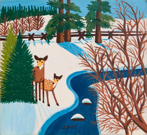 Deer Fawn Creekside - Maud Lewis - Folk Art Painting - Canvas Prints