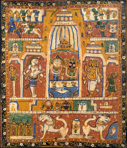 Deities Enshrined In The Jagannath Temple - PattaChitra Painting - Vintage Indian Art 19th Century - Framed Prints by Diya