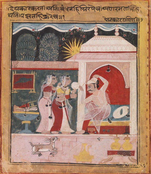 Deshakar Ragini: A Prince Looking In A Mirror Tying His Turban - C.1605 -  Vintage Indian Miniature Art Painting - Large Art Prints