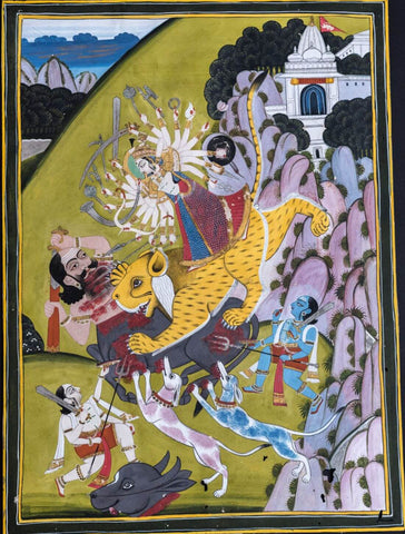 Devi Mahatmya Durga Slaying Mahishasura - C1800 - Vintage Indian Miniature Art Painting by Miniature Vintage
