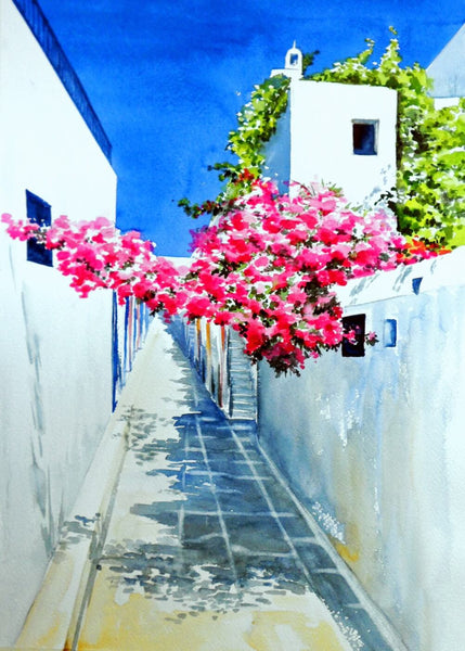 Watercolor Painting - Bougainville Blooms In Mediterranean Sunshine - Large Art Prints