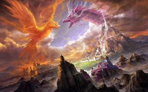 Dragon And Phoenix - Fantasy Art Painting by Tallenge Store