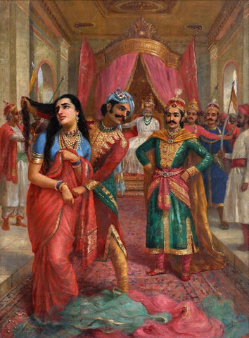 Draupadi In Kaurava Court - Raja Ravi Varma - Vintage Indian Mahabharat Painting by Raja Ravi Varma