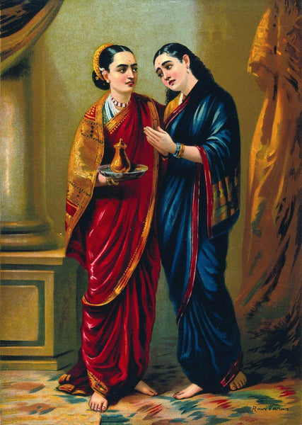 Draupadi Sudeshna - Raja Ravi Varma Chromolithograph Print - Vintage Indian Mahabharat Painting - Life Size Posters