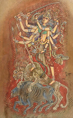 Durga (Mahishasur Mardini) - Nandalal Bose - Bengal School Indian Art Painting by Nandalal Bose