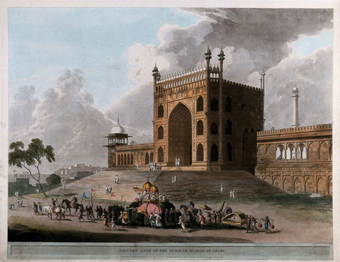 Eastern gate of the Jami Masjid at Delhi - Coloured Aquatint - Thomas Daniell - 1795 Vintage Orientalist Paintings of India - Life Size Posters
