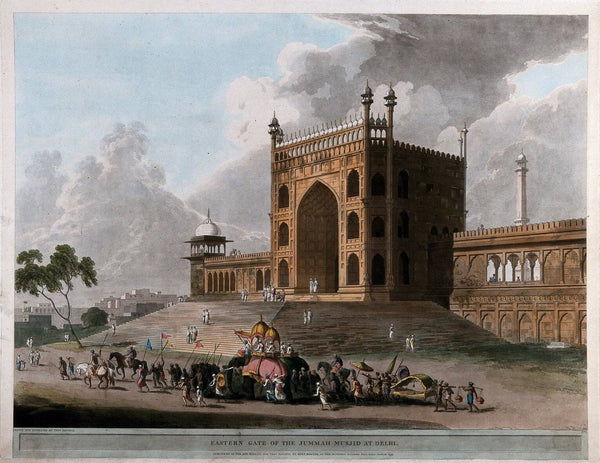 Eastern gate of the Jami Masjid at Delhi - Coloured Aquatint - Thomas Daniell - 1795 Vintage Orientalist Paintings of India - Posters