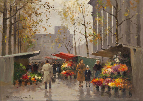 Flower Market at The Madeleine (Stands de Fleurs à La Madeleine) - Edouard Cortès - Post-Impressionism Painting - Posters by Edouard Cortès