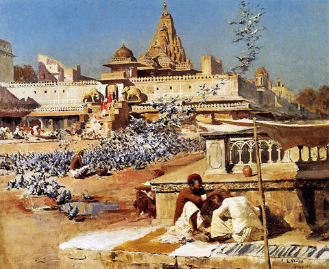 Edwin Lord Weeks - Feeding The Sacred Pigeons Jaipur - Canvas Prints by Edwin Lord Weeks