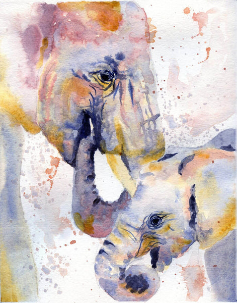 Elephant and Calf - Delicate Watercolor Painting - Art Prints
