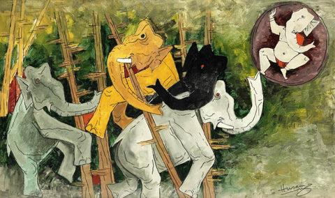 Elephants And Ganesha - M F Husain - Painting - Canvas Prints