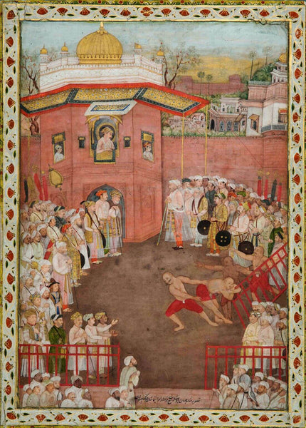 Emperor Shah Jahan Watching A Wrestling Match - c1750 - Mir Kalan Khan - Mughal Miniature Art Indian Painting - Large Art Prints