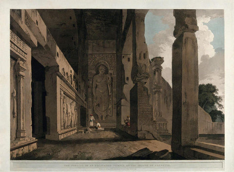 Entrance to the Great Chaitya Temple on the island of Salsette Maharashtra - William Daniell - Vintage Orientalist Aquatint of India c1800 - Life Size Posters