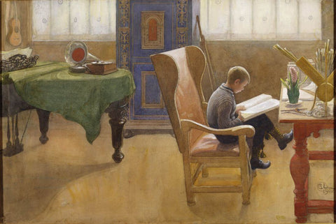 Esbjörn At The Study Corner - Carl Larsson - Water Colour Impressionist Art Painting by Carl Larsson