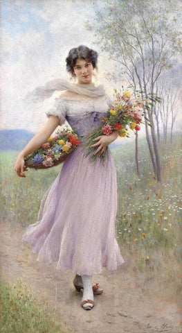 Girl In A Lilac-Coloured Dress With A Bouquet Of Flowers - Large Art Prints by Eugene de Blaas