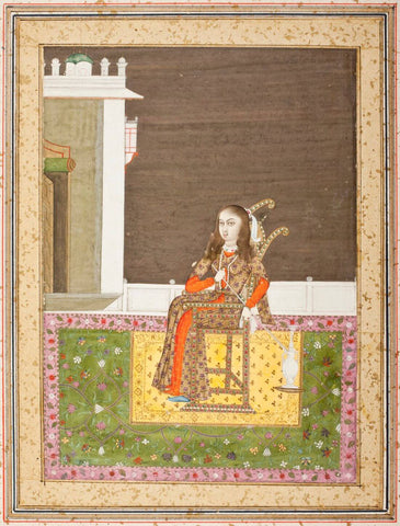 European Woman Seated on a Terrace Smoking a Venetian Style Water Pipe (Huqqa) - Mir Kalan Khan - Mughal Miniature Art Indian Painting by Mir Kalan Khan