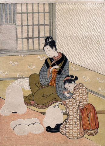 Evening Snow On The Heater - Suzuki Harunobu - Japanese Nishiki-e Woodblock Painting by Suzuki Harunobu