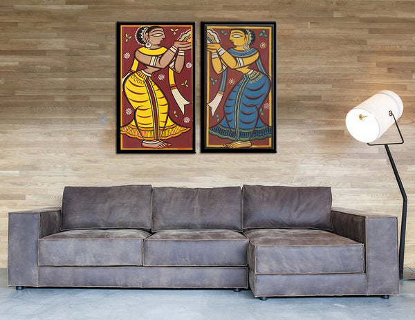 Set of 2 Jamini Roy Paintings - Framed Canvas -  Large (17 x 30) inches each
