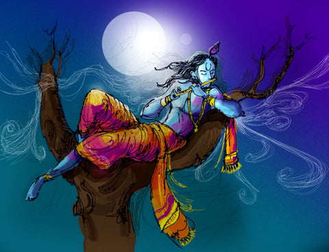 Fantasy Art - Digital Painting - Krishna Kanhaiya Playing Flute in the Moonlight - Framed Prints