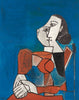 Femme Assise En Costume Rouge Sur Fond Bleu - Pablo Picaso - Framed Prints