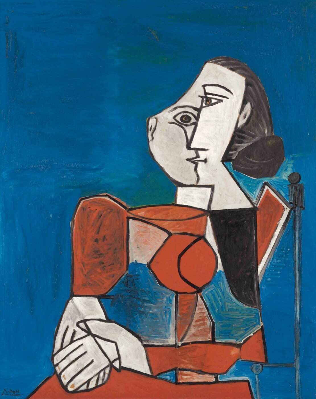 Femme Assise En Costume Rouge Sur Fond Bleu - Pablo Picaso