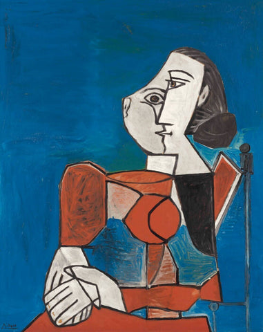 Femme Assise En Costume Rouge Sur Fond Bleu - Pablo Picaso - Canvas Prints