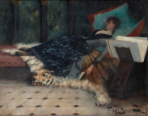 Untitled-(Woman Sleeping With A Tiger) - Canvas Prints by Ferdinand Max Bredt