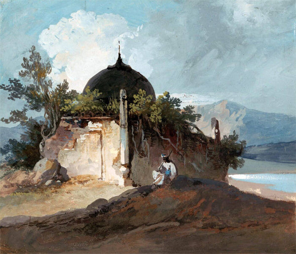 Figure Seated by an Indian Temple - George Chinnery - Vintage Orientalist Painting of India - Life Size Posters