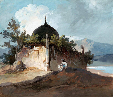 Figure Seated by an Indian Temple - George Chinnery - Vintage Orientalist Painting of India - Life Size Posters by George Chinnery
