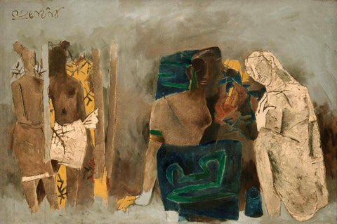 Figures At Dusk - M F Husain Painting - Framed Prints