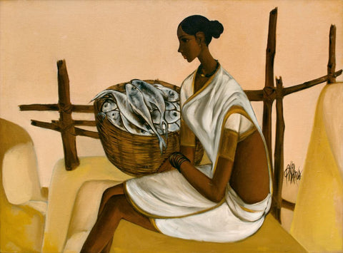 Fisherwoman 1950 - B Prabha - Indian Painting - Framed Prints