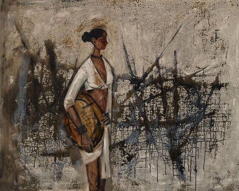 Fisherwoman With Fishing Net - B Prabha - Indian Painting by B. Prabha
