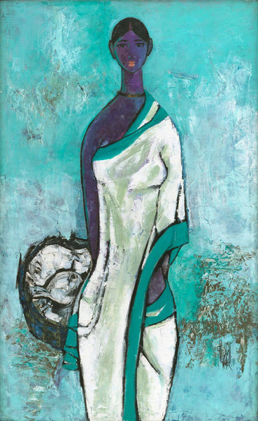 Fishwerwoman (Blue) - B Prabha - Indian Art Painting - Framed Prints