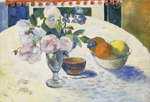 Flowers and a Bowl of Fruit on a Table - Art Prints