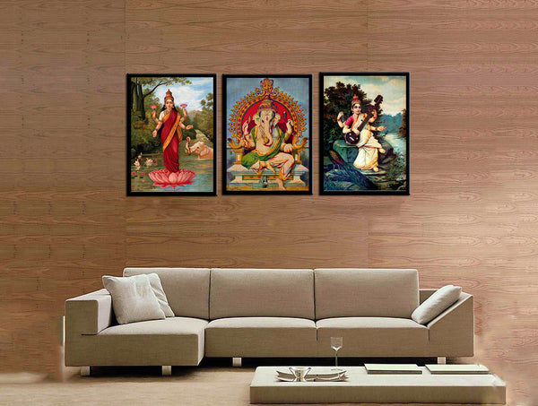 Set of 3 Ganesh Lakshmi Saraswati - Raja Ravi Varma  - Framed Canvas - Small (12 x 15) inches each