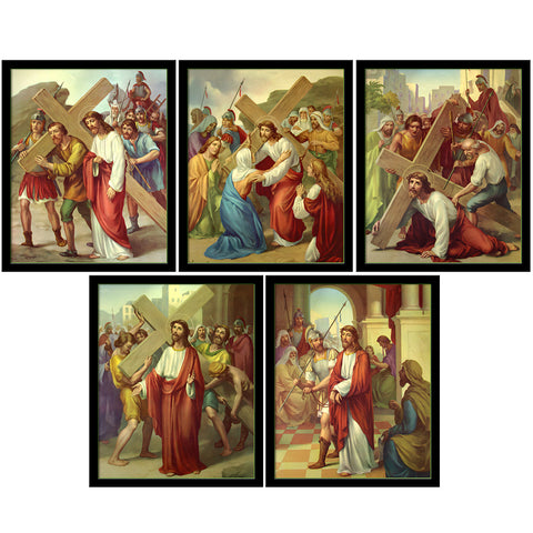 Stations Of The Cross - Christian Art Collection - Set Of 14 Framed Canvas  (12 x 15 inches) Each
