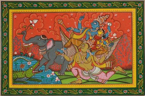 Gajendra Moksh - Bhagavata Purana - Hindu Art - Indian Kalamkari Painting -  Vintage Indian Miniature Art Painting - Framed Prints