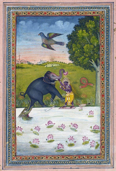 Gajendra Moksha - Vishnu (Depicted As Krishna) Saves The Elephant Gajendra - Indian Vintage Miniature Painting - Art Prints
